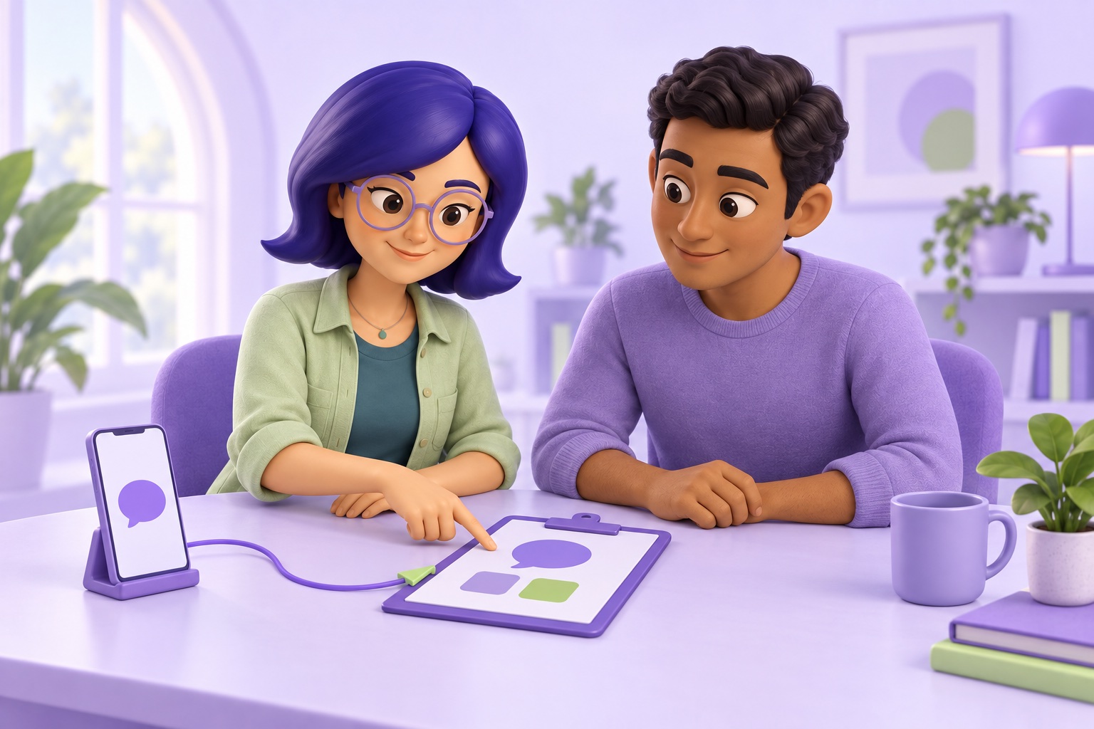 IAra e um colega acompanham o contexto de uma conversa em uma mesa de trabalho.