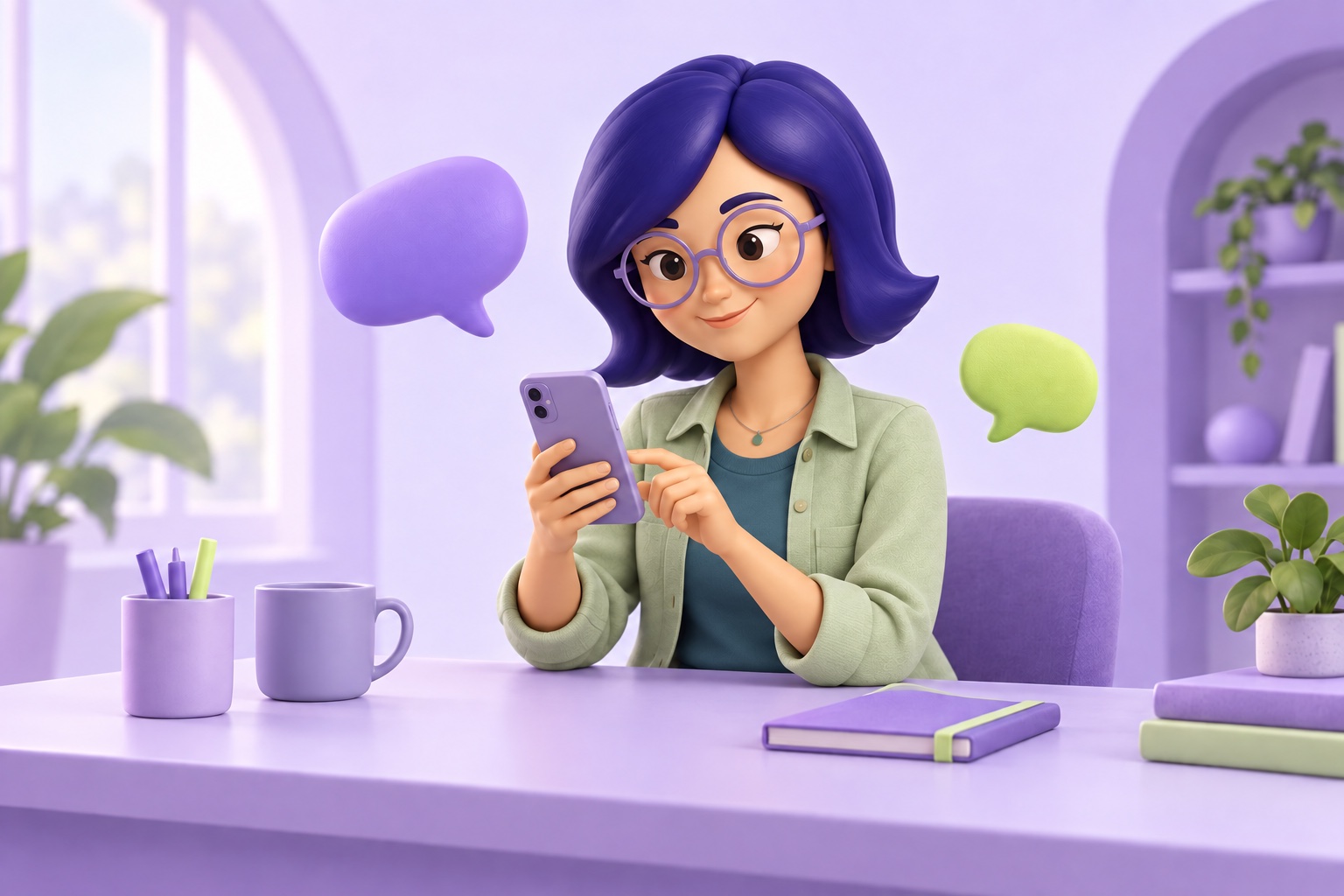 IAra consulta uma conversa no celular, em uma mesa com um caderno de anotações.