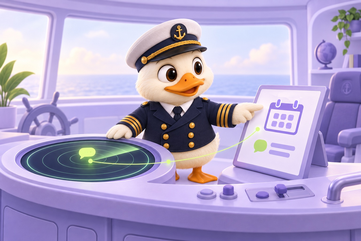 O pato capitão do Sondar observa uma conversa no sonar e um compromisso no calendário, na ponte de um navio.