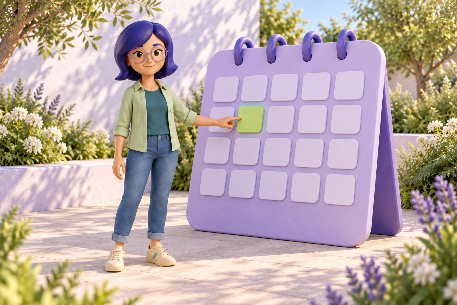 IAra escolhendo uma célula lima em um calendário lavanda, em um pátio com árvores e flores.