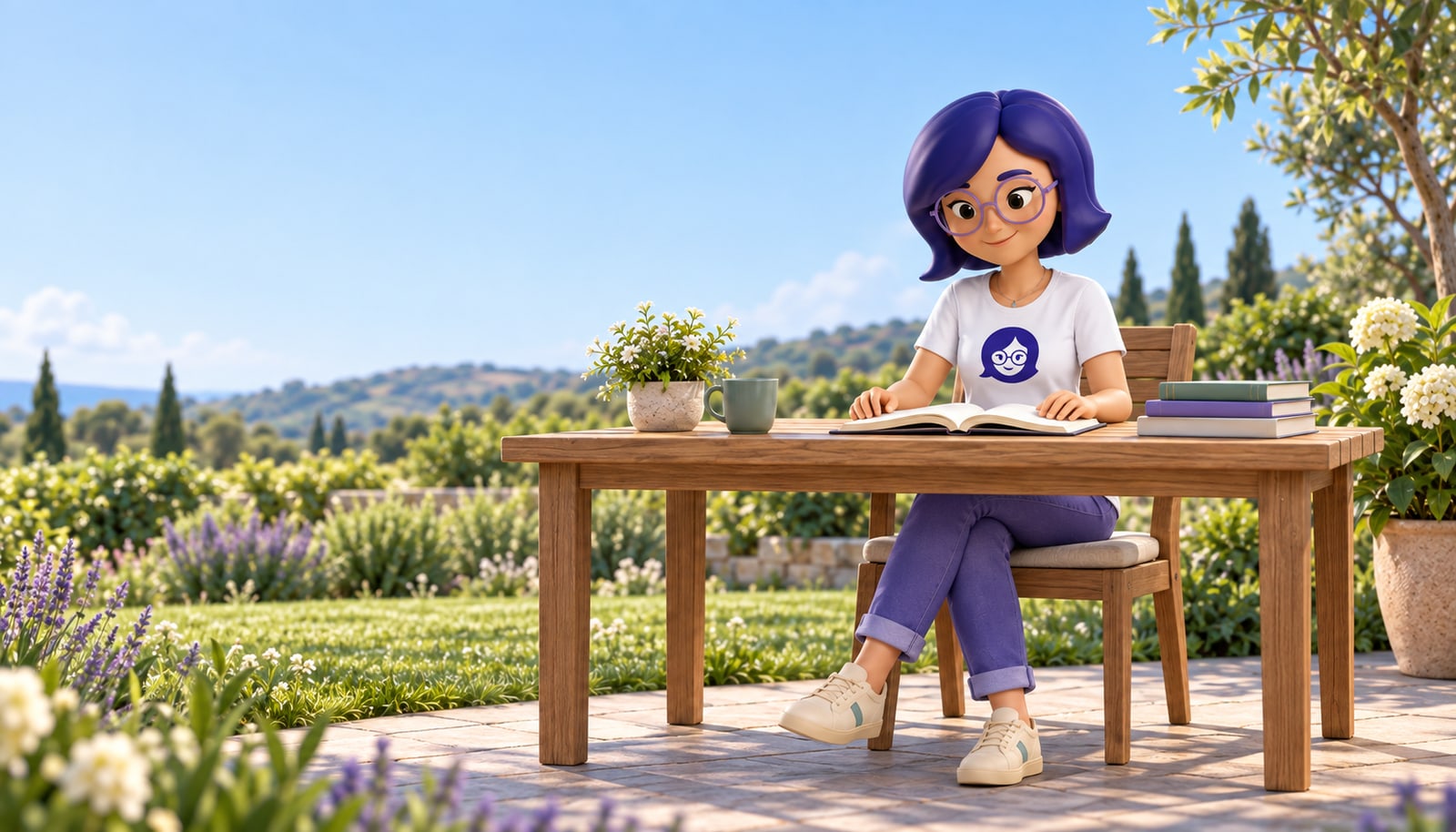 IAra lendo um livro em uma mesa de madeira no jardim.