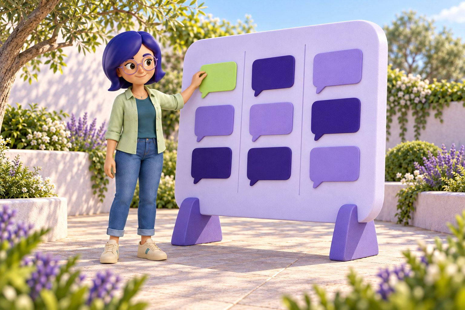 IAra organiza balões de mensagem em um painel lavanda no jardim, escolhendo uma ficha lima entre grupos de mensagens.