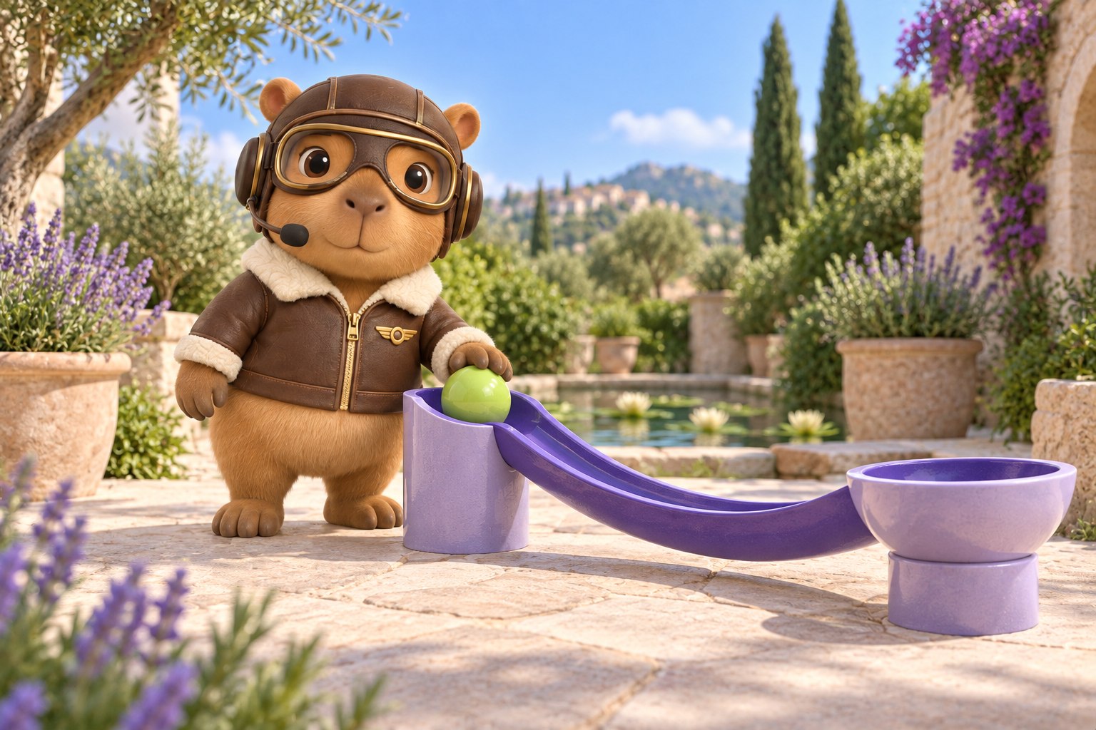 A capivara aviadora do CAPI conduz uma esfera lima por um caminho violeta em um jardim, representando a conexão entre origem e destino de um sinal.