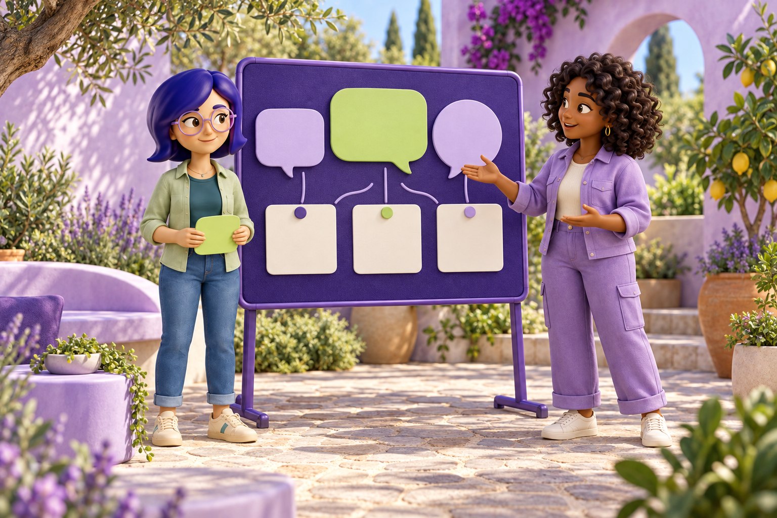Ilustração da IAra e de uma colega organizando ideias em um quadro de conversas no jardim.