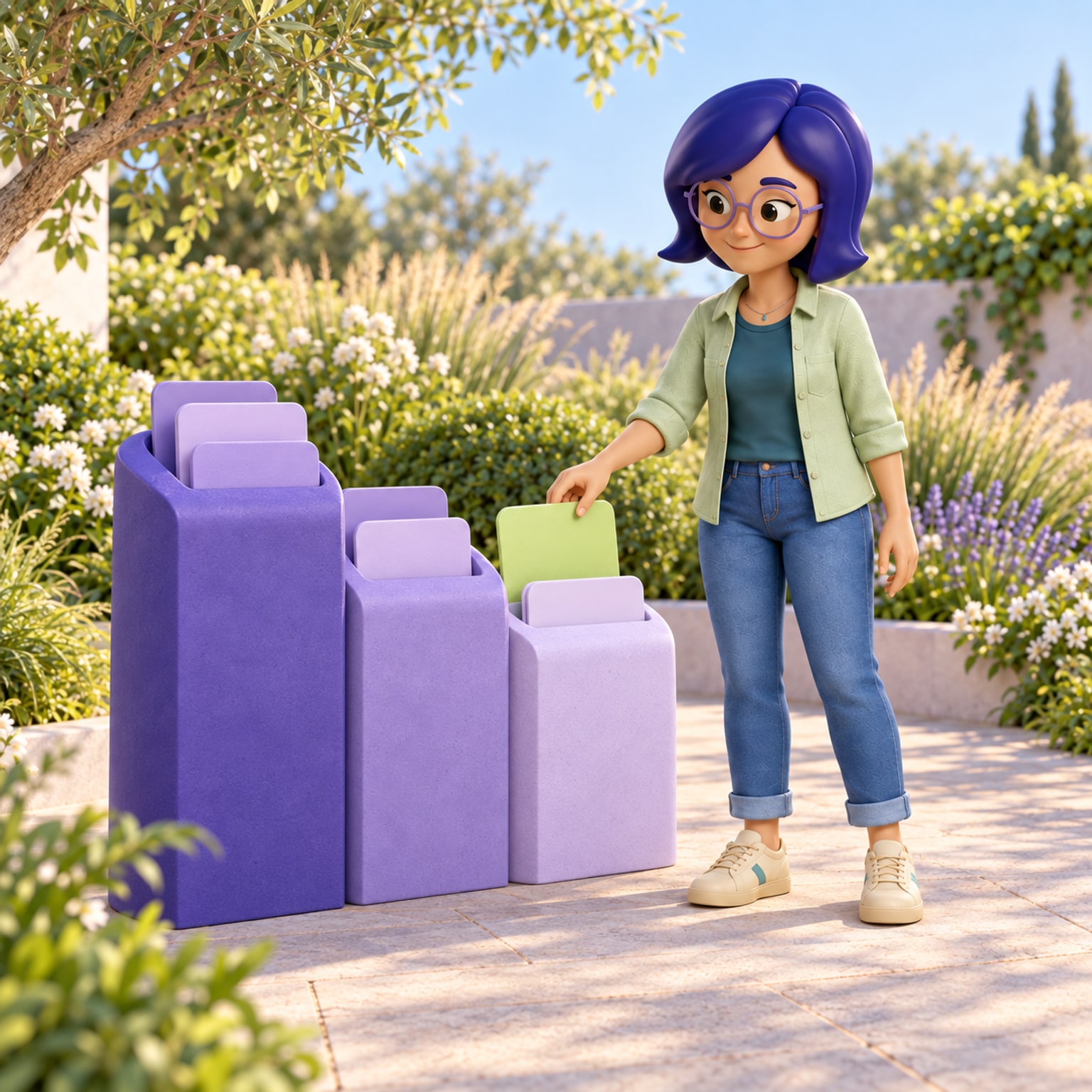 IAra organiza uma ficha lima em um painel de oportunidades roxo e lavanda, em um jardim.