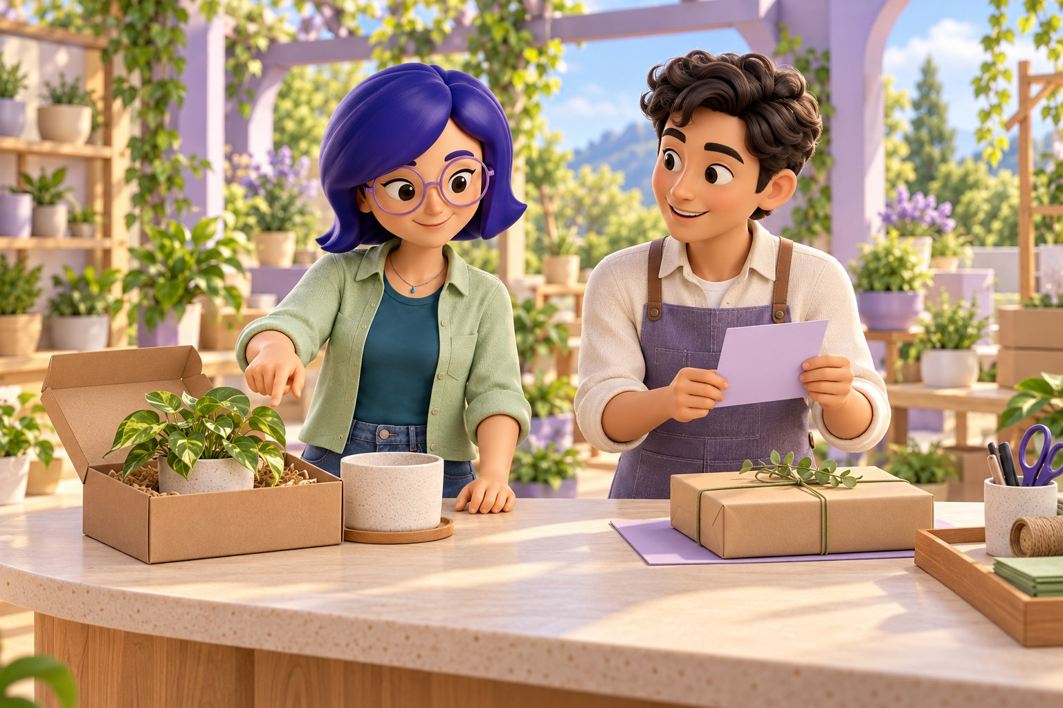 IAra e uma pessoa da loja observam um produto e uma ficha de pedido em um ateliê aberto para um jardim.