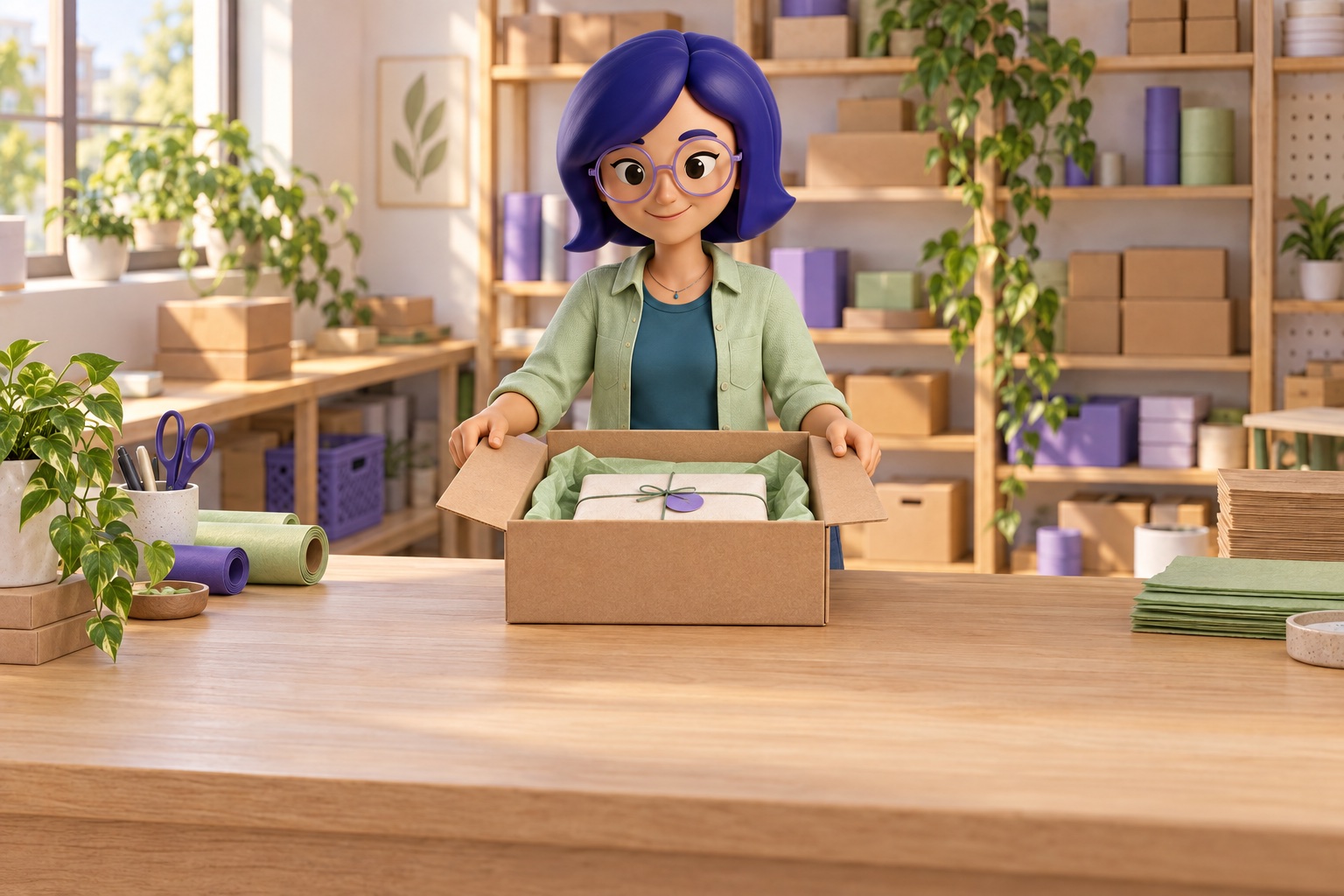 IAra junto a uma caixa de produto no espaço de trabalho de uma loja.