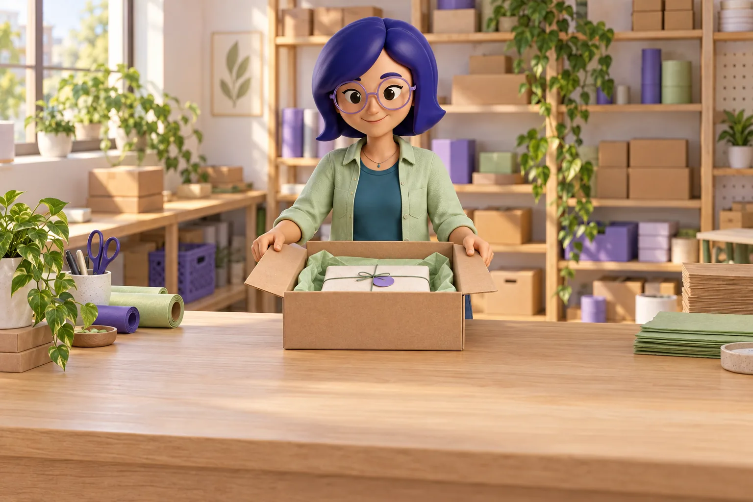 IAra preparando uma encomenda em uma área de embalagens e estoque.