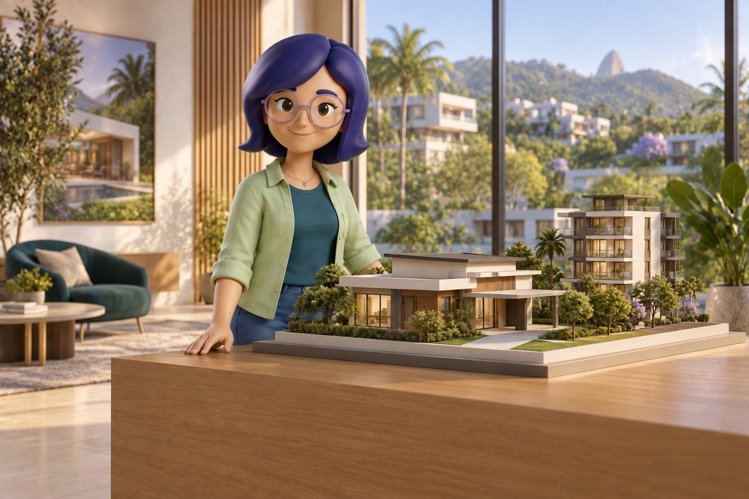 IAra diante de uma maquete de imóveis em uma sala com vista para a cidade.