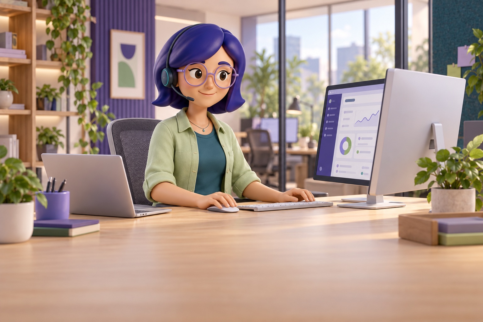 IAra atende diante de dois computadores em um ambiente de trabalho.