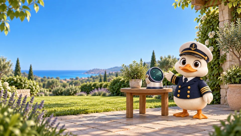 O pato capitão do Sondar observa o radar em meio ao jardim.