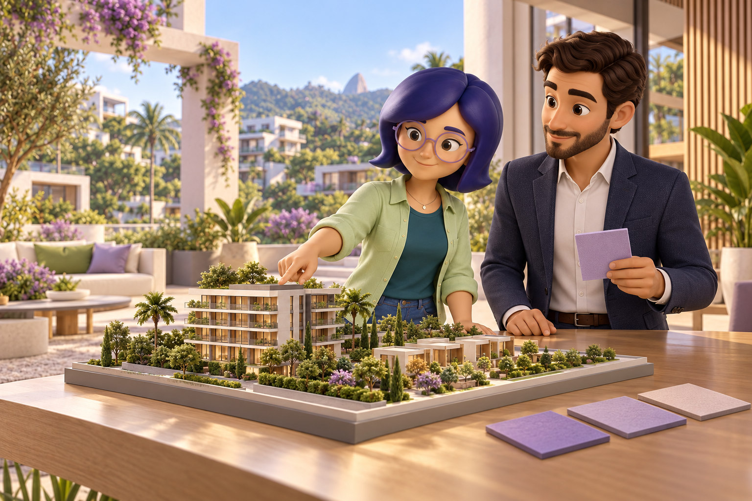 IAra e um corretor analisam uma maquete de imóveis em um estúdio aberto para um jardim.