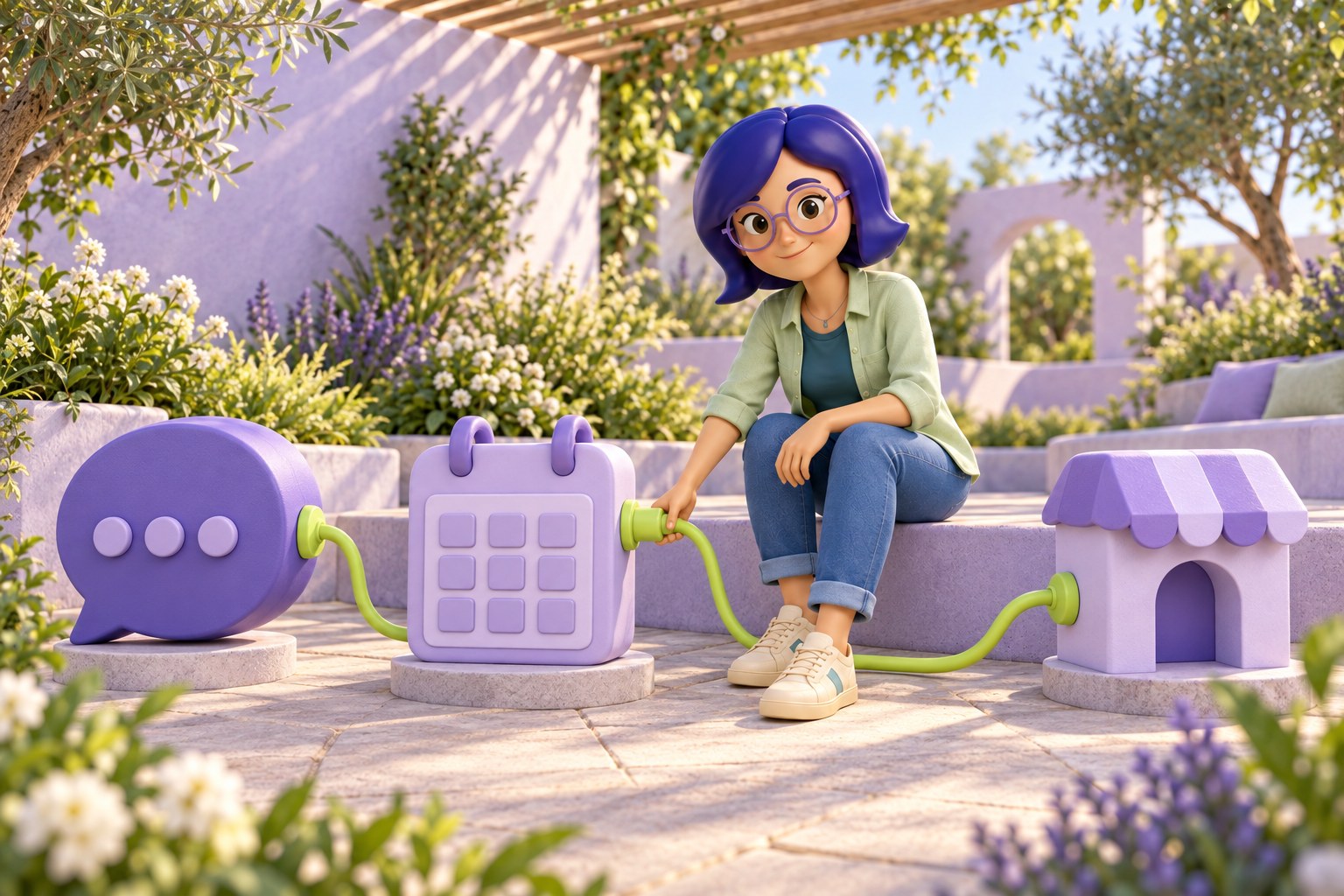IAra conectando módulos de conversa, agenda e loja em um jardim, com peças em roxo, lavanda e verde-lima.