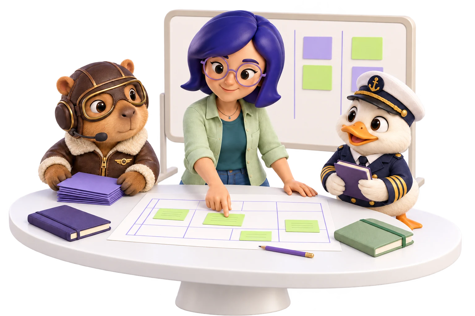 IAra organiza um plano de ação na mesa, com a capivara aviadora e o pato capitão colaborando com cadernos e materiais.