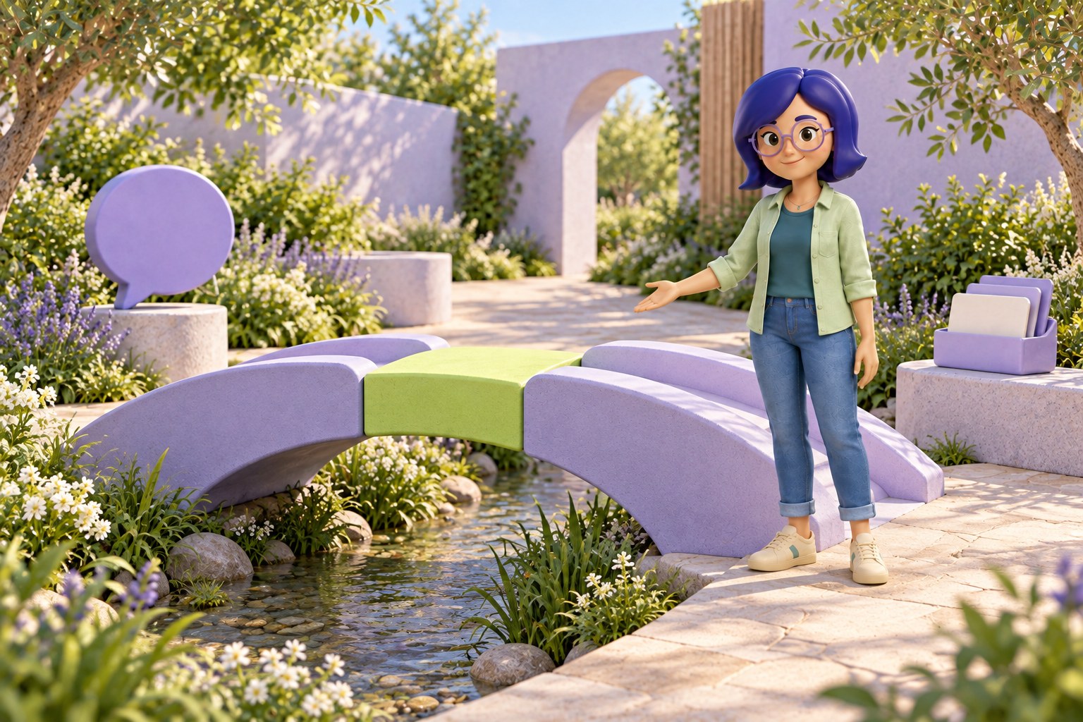 IAra junto a uma ponte lavanda que conecta dois lados de um jardim.