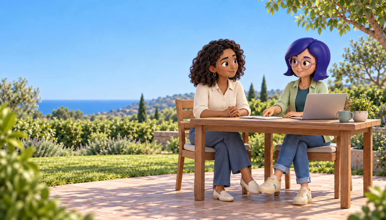 IAra e uma empreendedora conversando sobre sua operação em uma mesa no jardim.