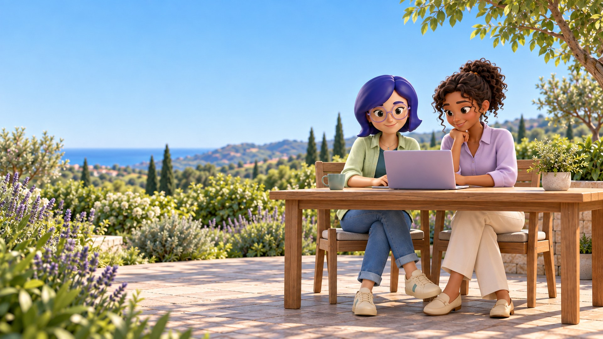IAra e uma colega trabalhando juntas no notebook, em uma mesa cercada pelo jardim.