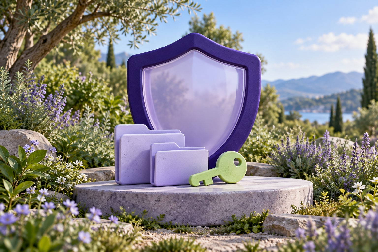 Escudo roxo, pastas lavanda e uma chave verde em um jardim.