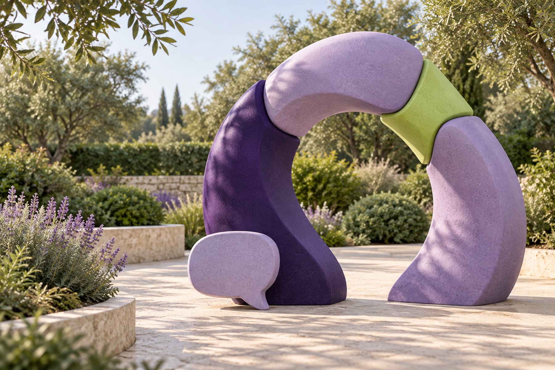 Escultura de peças roxas e lavanda conectadas por um elemento verde-lima em um jardim.