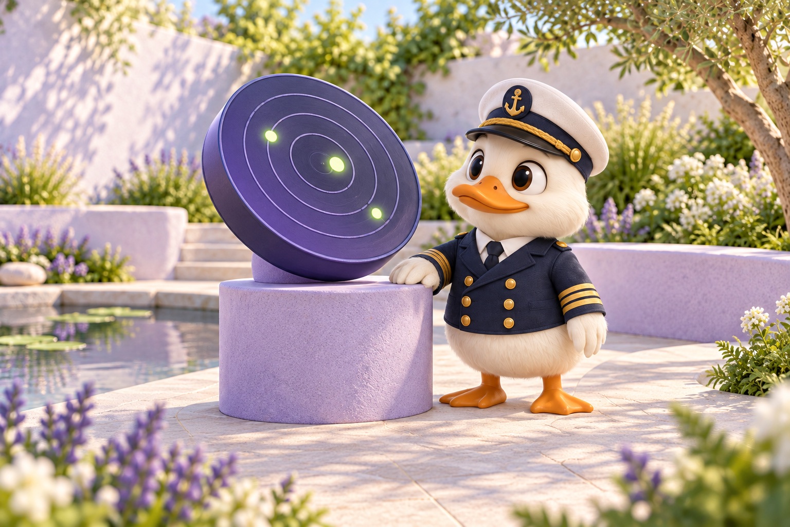 O pato capitão do Sondar observa sinais em um sonar roxo, ao lado de um lago em um jardim lavanda.