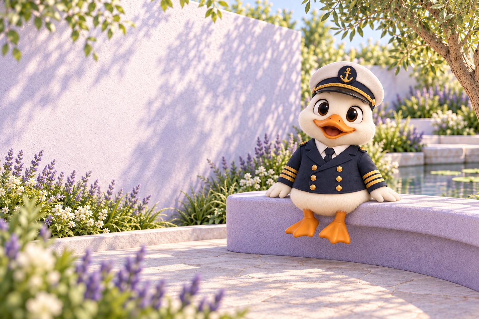 O pato capitão do Sondar sentado em um banco curvo no jardim, ao lado do lago.