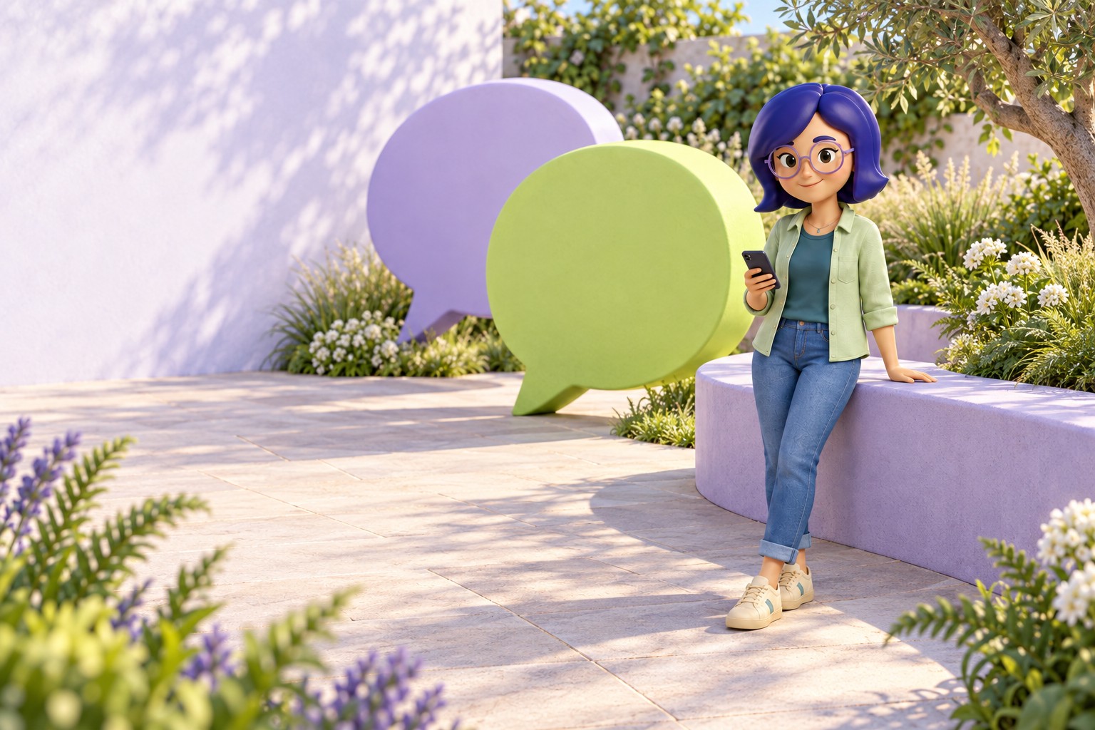 IAra em pé com o celular, ao lado de um banco curvo lavanda e esculturas de balões de conversa em um pátio com plantas.